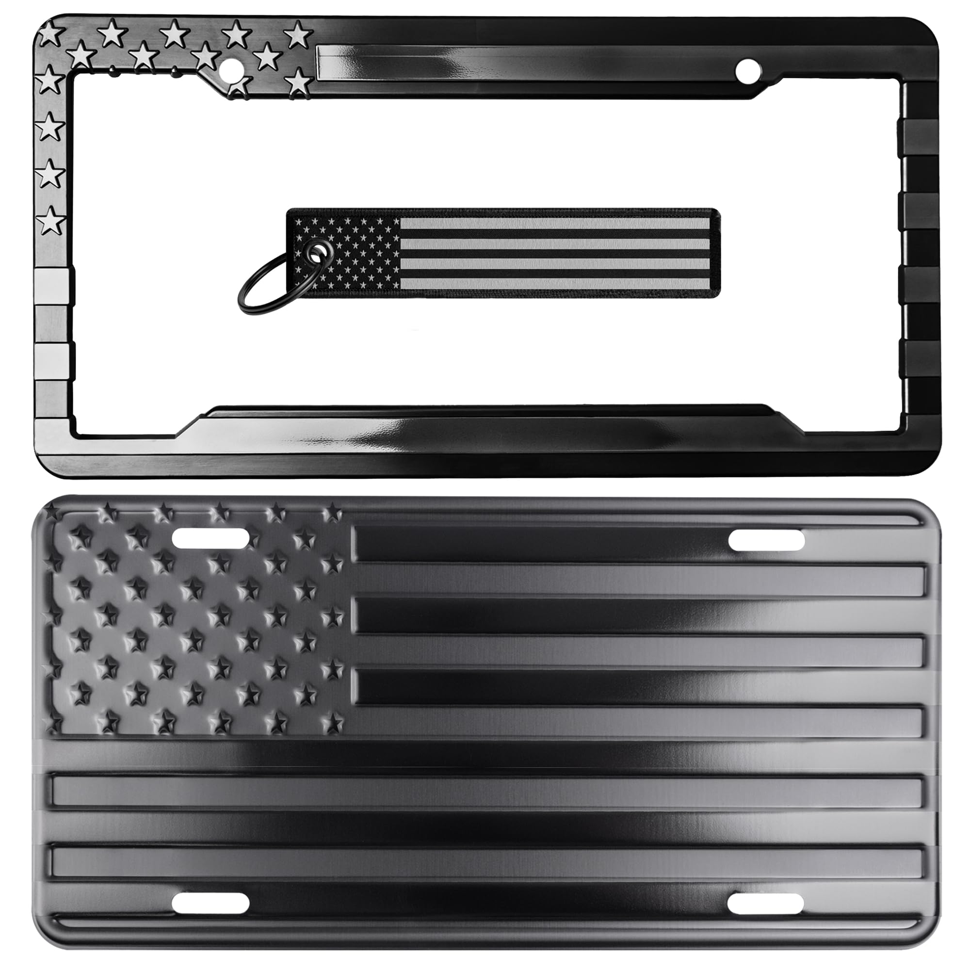 DillenCo American Flag license plate with embossed stars and stripes for bold road presence