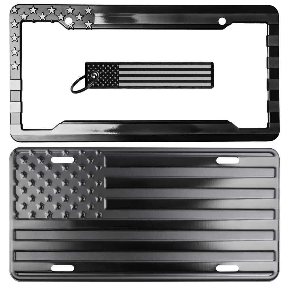 DillenCo American Flag license plate with embossed stars and stripes for bold road presence
