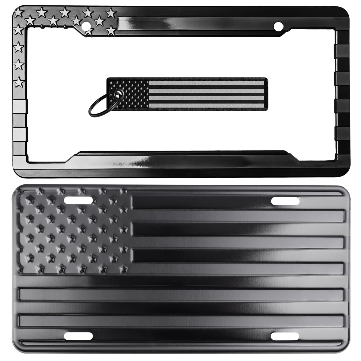 DillenCo American Flag license plate with embossed stars and stripes for bold road presence