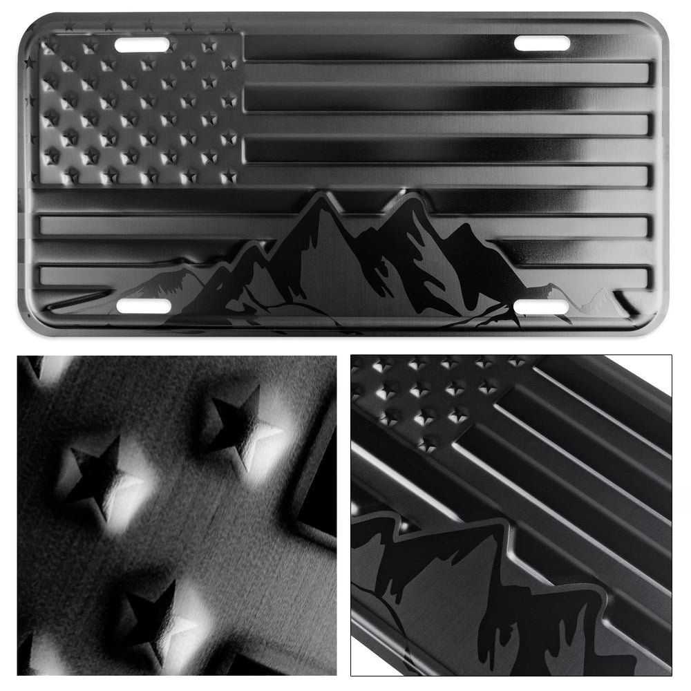 DillenCo American flag mountains license plate close-up shows elevated 3D embossing for premium look.