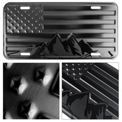 DillenCo American flag mountains license plate close-up shows elevated 3D embossing for premium look.