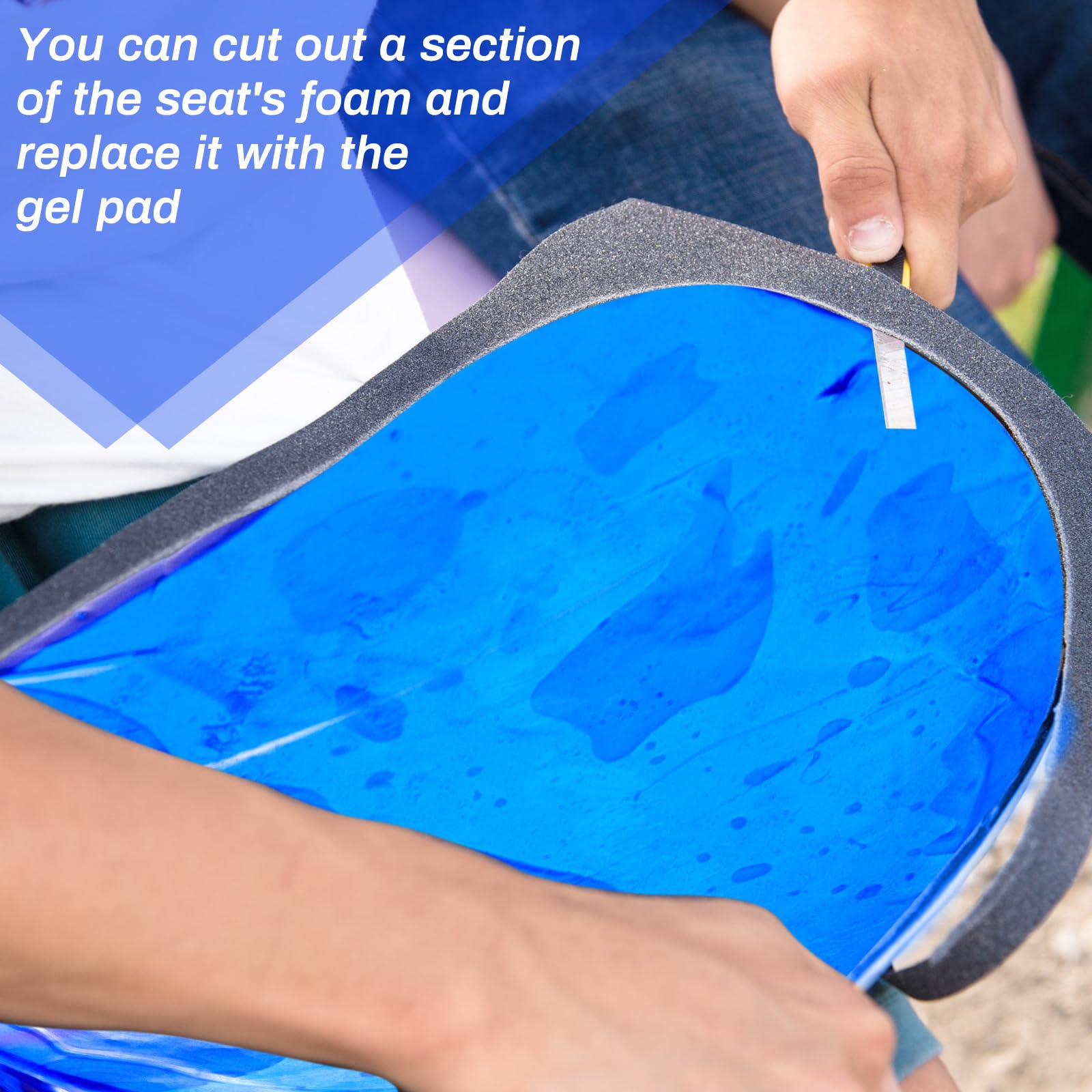 Dimsile blue gel seat pad shown on a bike, highlighting comfort on the go.