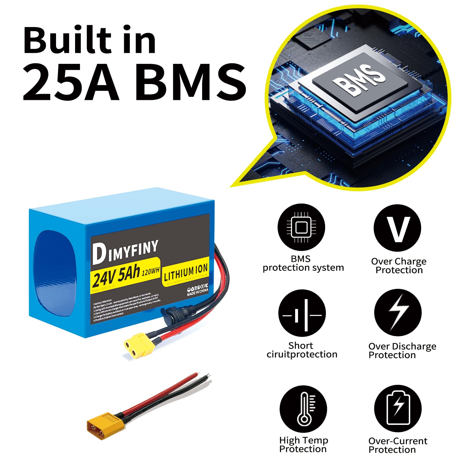 Dimyfiny 24V battery pack interior view shows built-in BMS