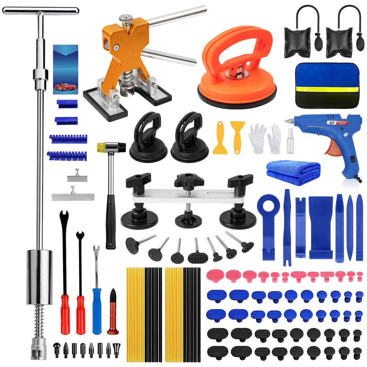DIQDI 129pcs dent repair kit with glue gun for smooth paintless dent removal.