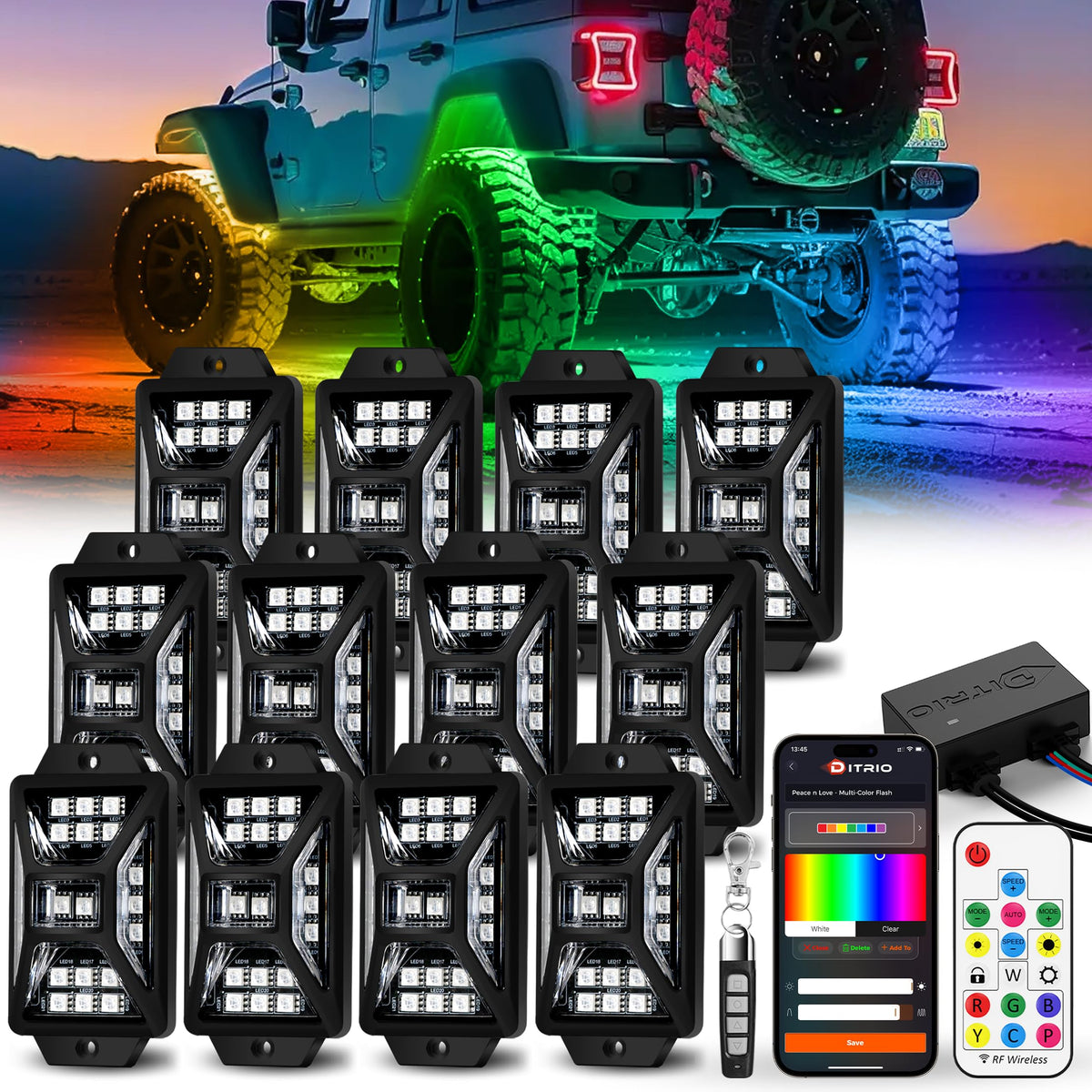 DITRIO 12-pod RGB rock lights illuminate undercarriage for trucks, boosting visibility.
