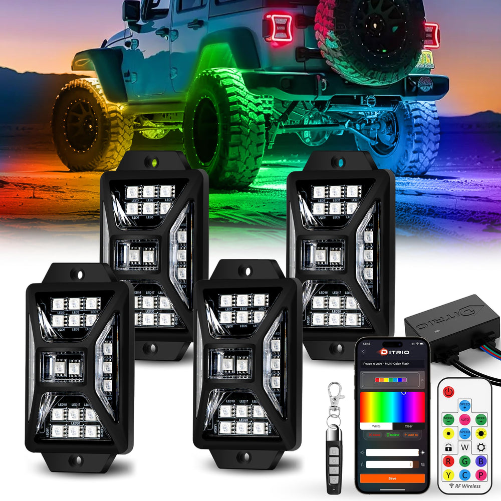 DITRIO 5-sided rock light undercarriage improves night visibility with bright colors.