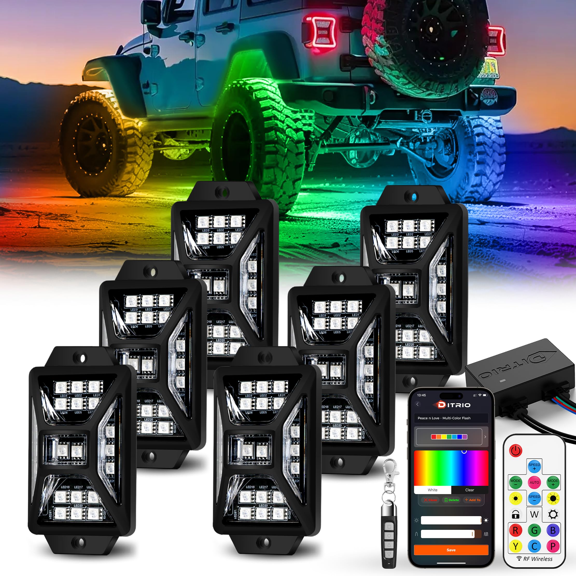 DITRIO six-pod five-sided rock light front view shows full-coverage exterior glow for trucks