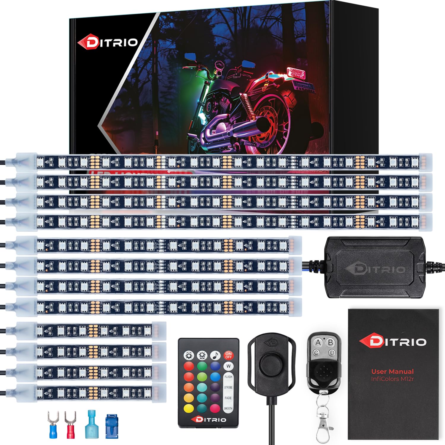 DITRIO M12r underglow LED strip kit boosts motorcycle visibility at night.