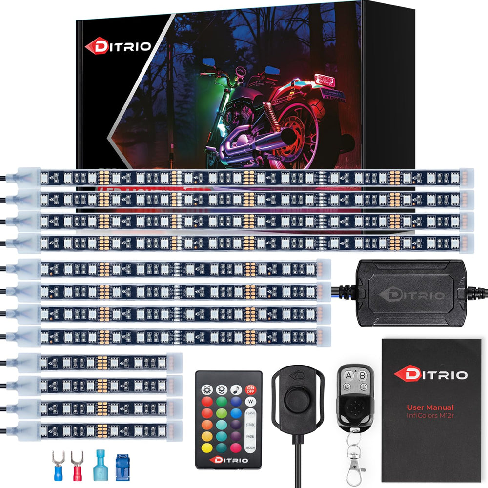 DITRIO M12r underglow LED strip kit boosts motorcycle visibility at night.