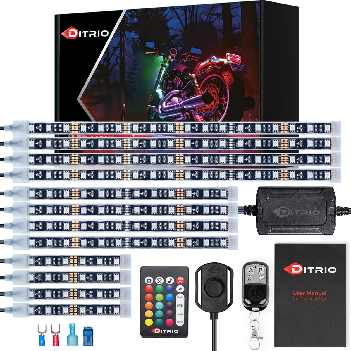 DITRIO M12r underglow LED strip kit boosts motorcycle visibility at night.