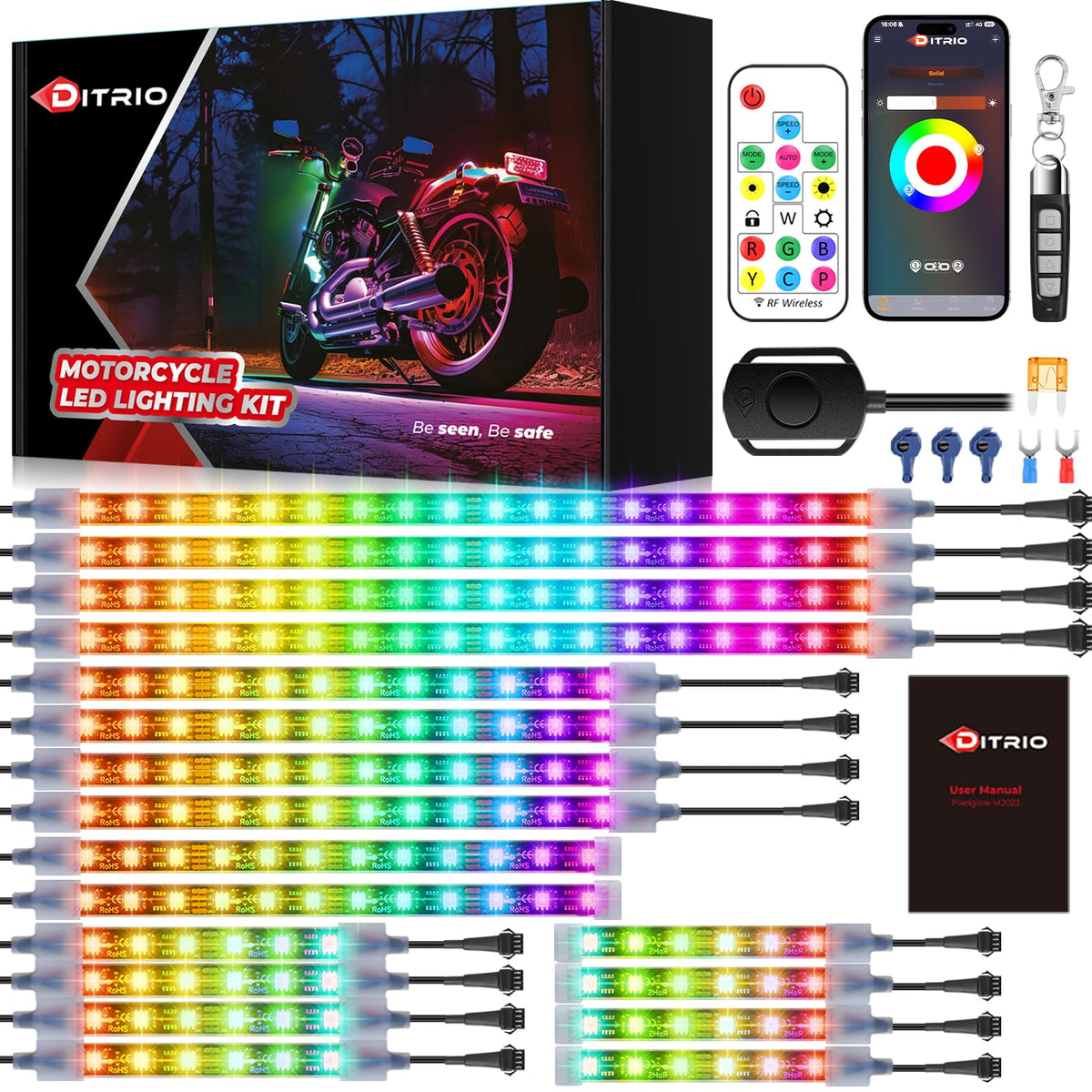 DITRIO underglow 18pcs front strip glows vibrant colors for nighttime visibility.