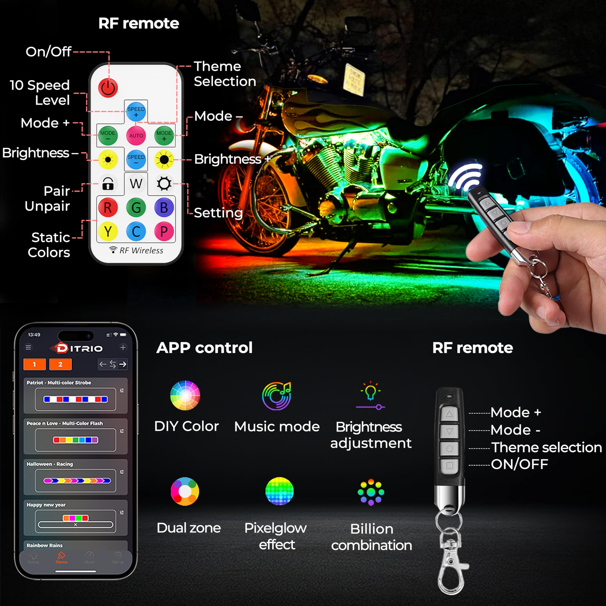DITRIO underglow 18pcs rear strip complements bikes with synchronized color animations.