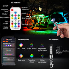 DITRIO underglow 18pcs rear strip complements bikes with synchronized color animations.