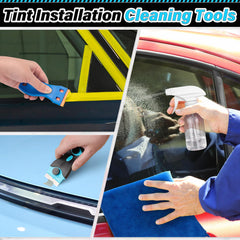 DIYSELF cleaning scraper and spray bottle setup for prep before film application.