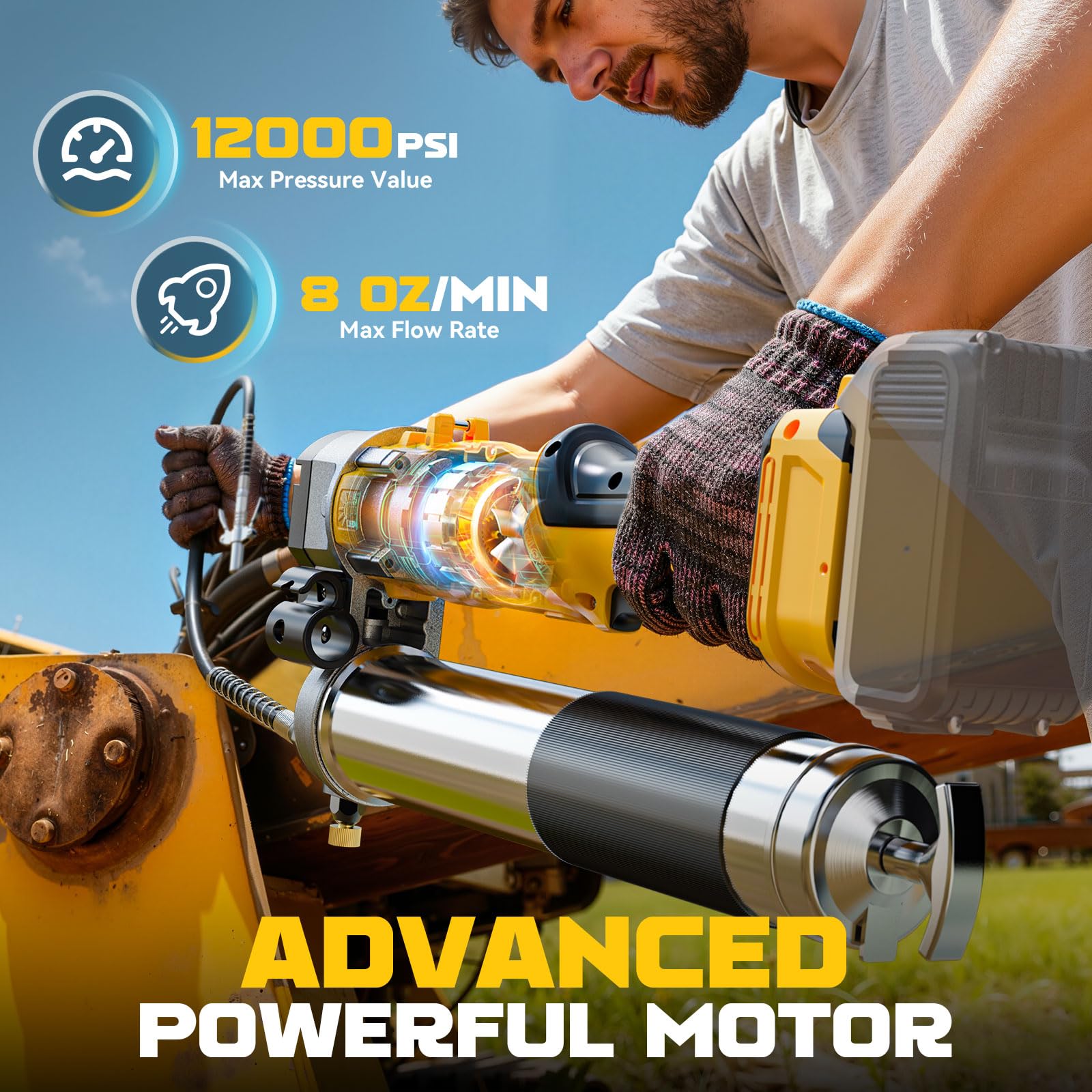 DIYtoolifz 12,000 psi grease gun high-pressure motor powering heavy equipment tasks.