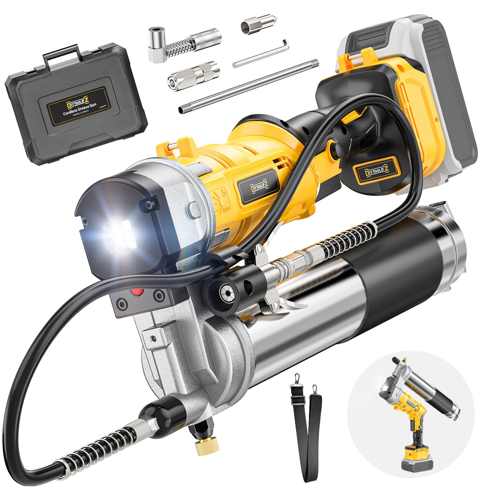 DIYtoolifz cordless grease gun with DeWalt 20V battery for convenient on-site lubrication.