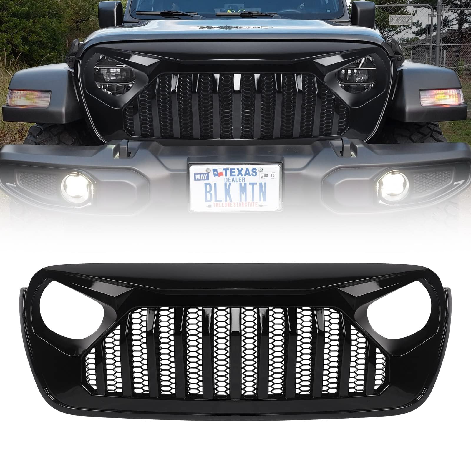 DKMGHT glossy black fury grille on Jeep Wrangler JL enhances rugged look and airflow