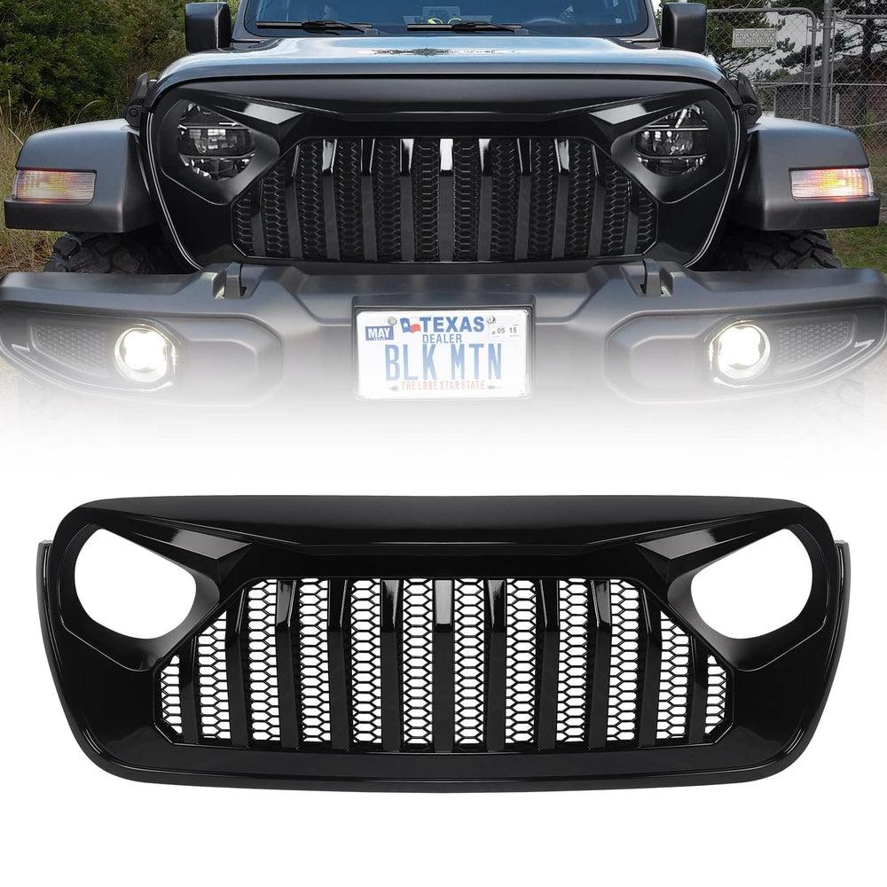 DKMGHT glossy black fury grille on Jeep Wrangler JL enhances rugged look and airflow