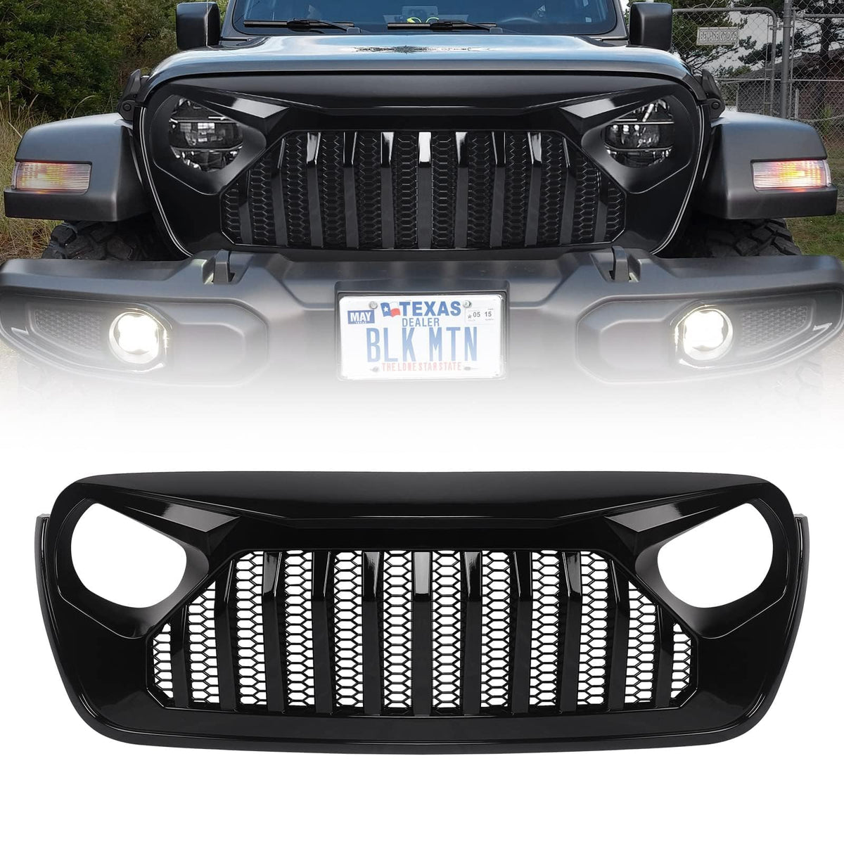 DKMGHT glossy black fury grille on Jeep Wrangler JL enhances rugged look and airflow