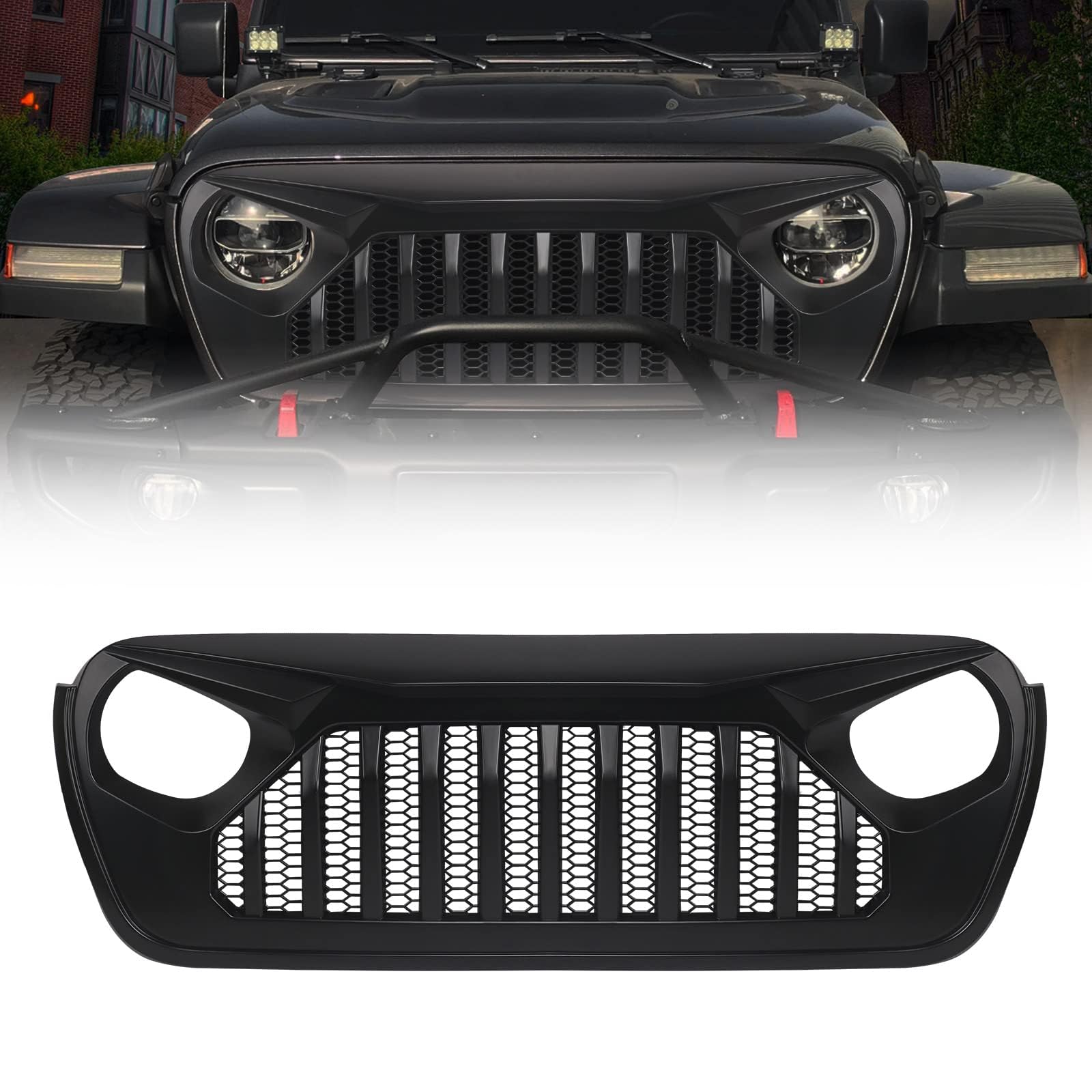 DKMGHT front grill for Jeep Wrangler JL with matte black fury styling and airflow focus.