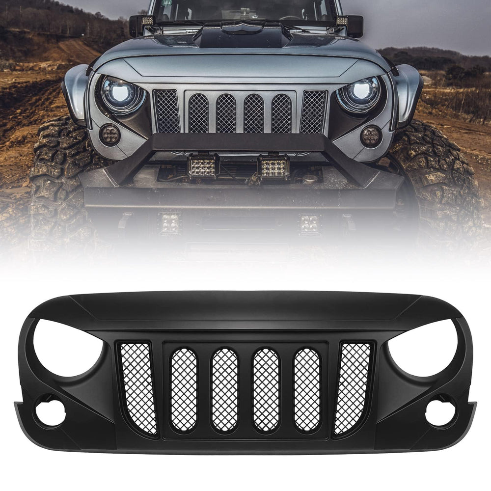 DKMGHT front grill for Wrangler JK with transformer mesh enhances rugged exterior