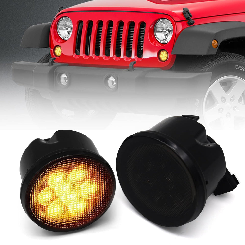 DKMGHT smoked lens turn signal on Jeep Wrangler for a modern look and improved visibility