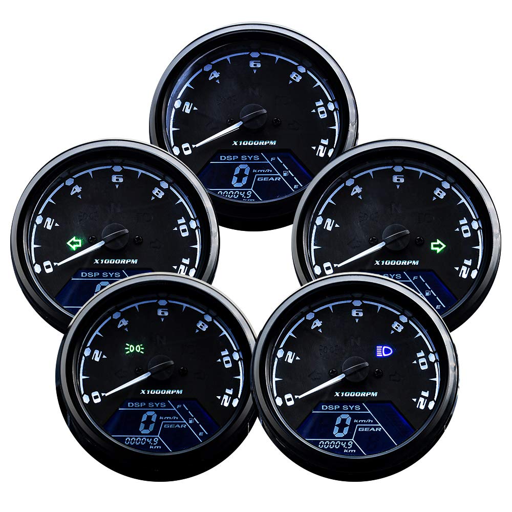 DKMOTORK 0011 tachometer needle close-up helps monitor engine RPM during rides.