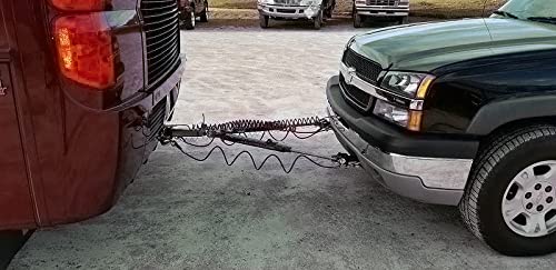 In-use DLLRV safety chains securing trailer to vehicle during towing.