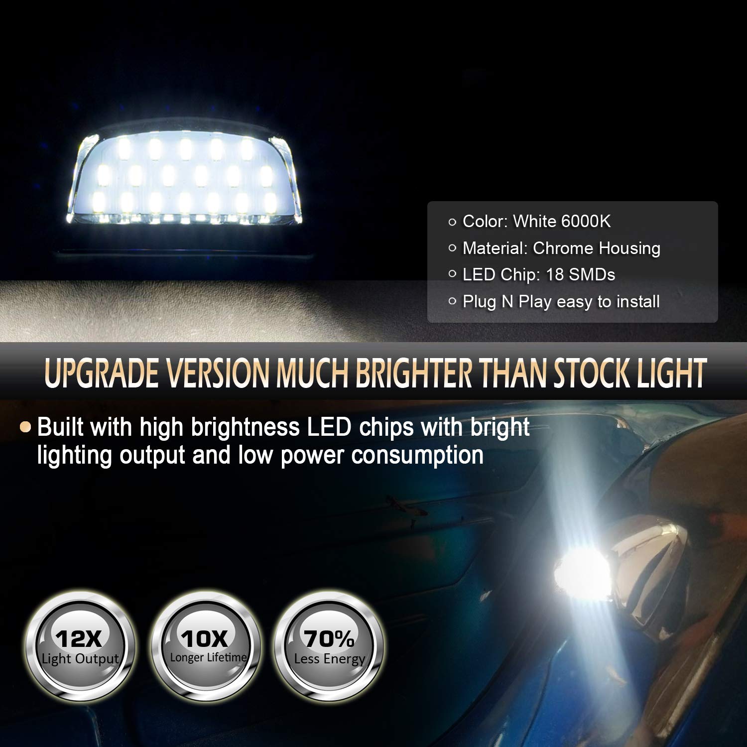 D-Lumina chrome LED license plate light left-side assembly boosts rear illumination