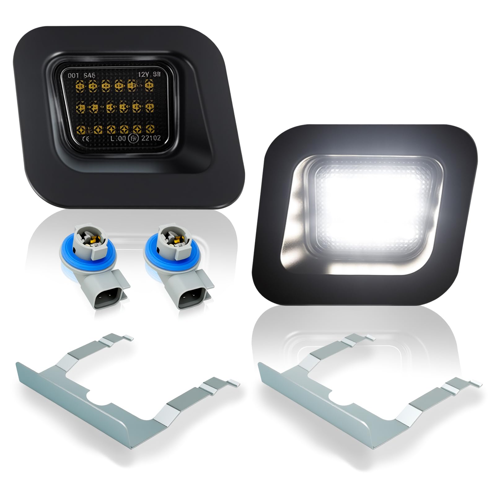 D-Lumina license plate light with smoked lens closeup, sleek design and brightness.
