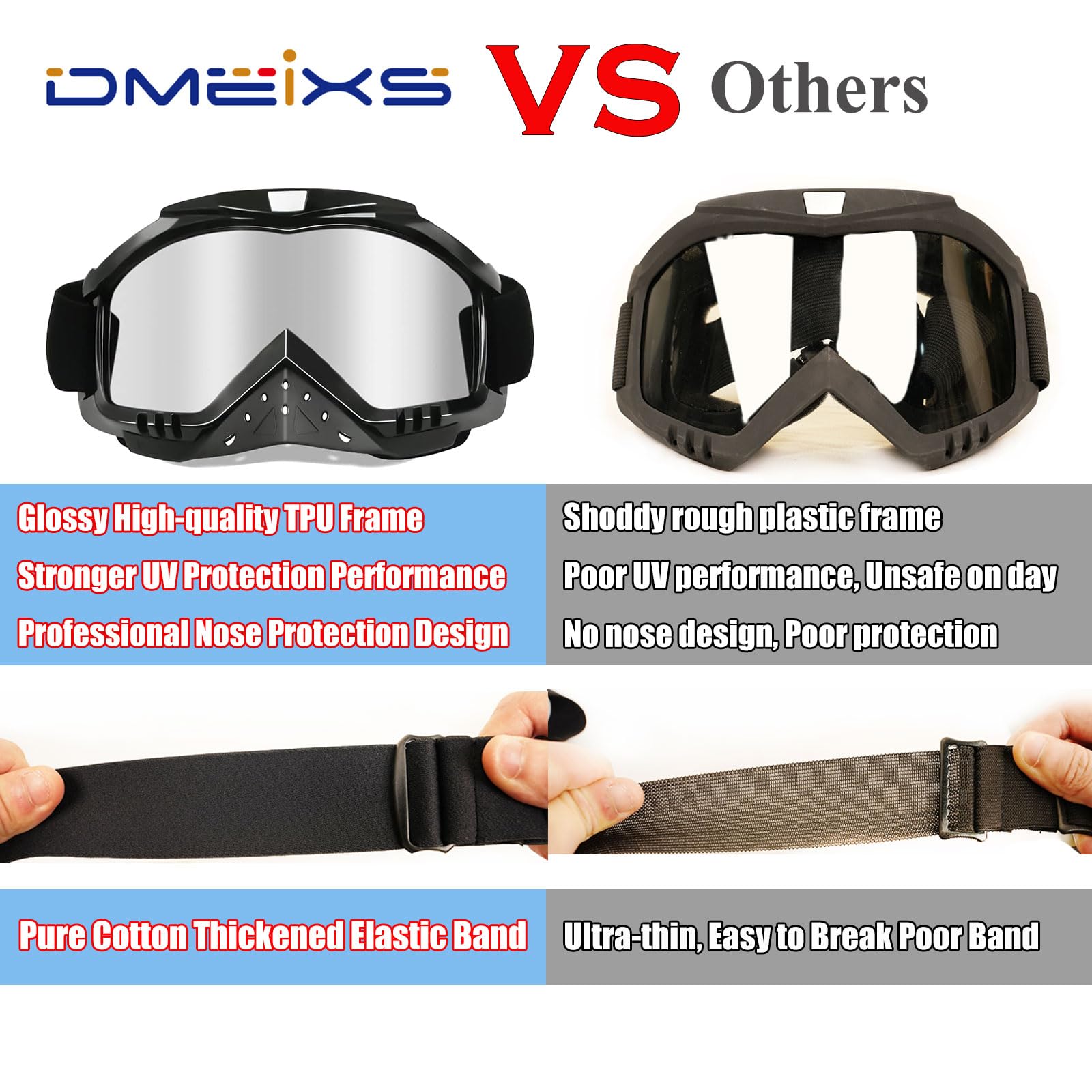 Soft foam padding on Dmeixs dirt bike goggles for comfort and ventilation