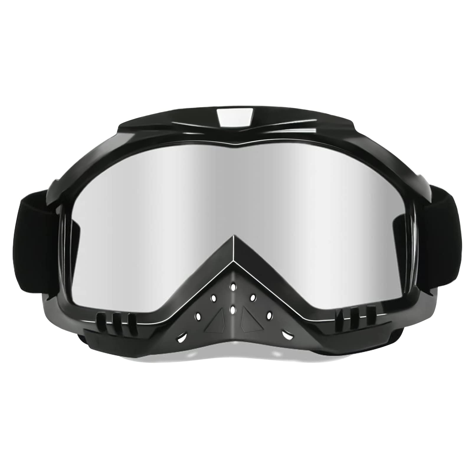 Dmeixs motorcycle goggles with silver lens close-up showing anti-fog design and durability