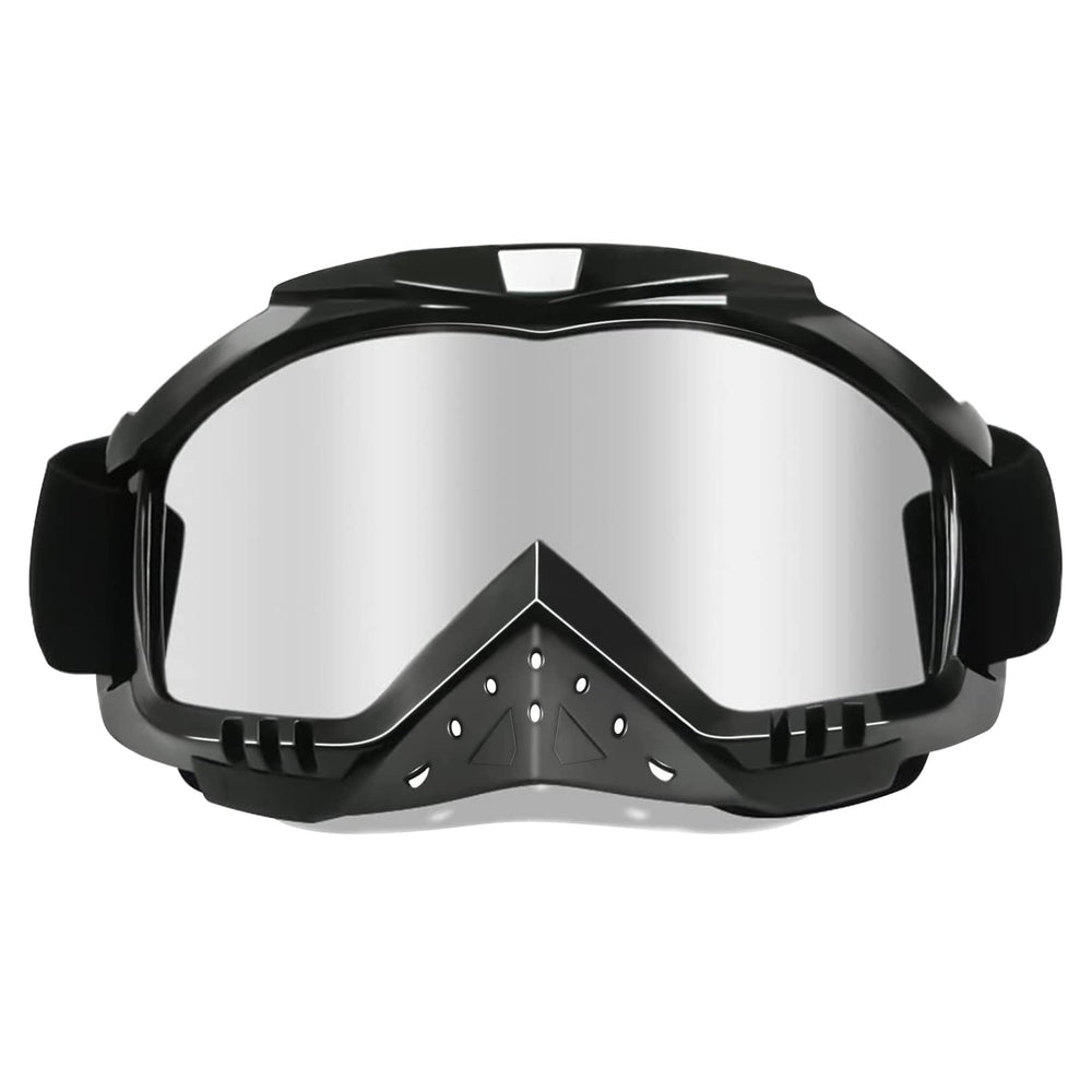 Dmeixs motorcycle goggles with silver lens close-up showing anti-fog design and durability