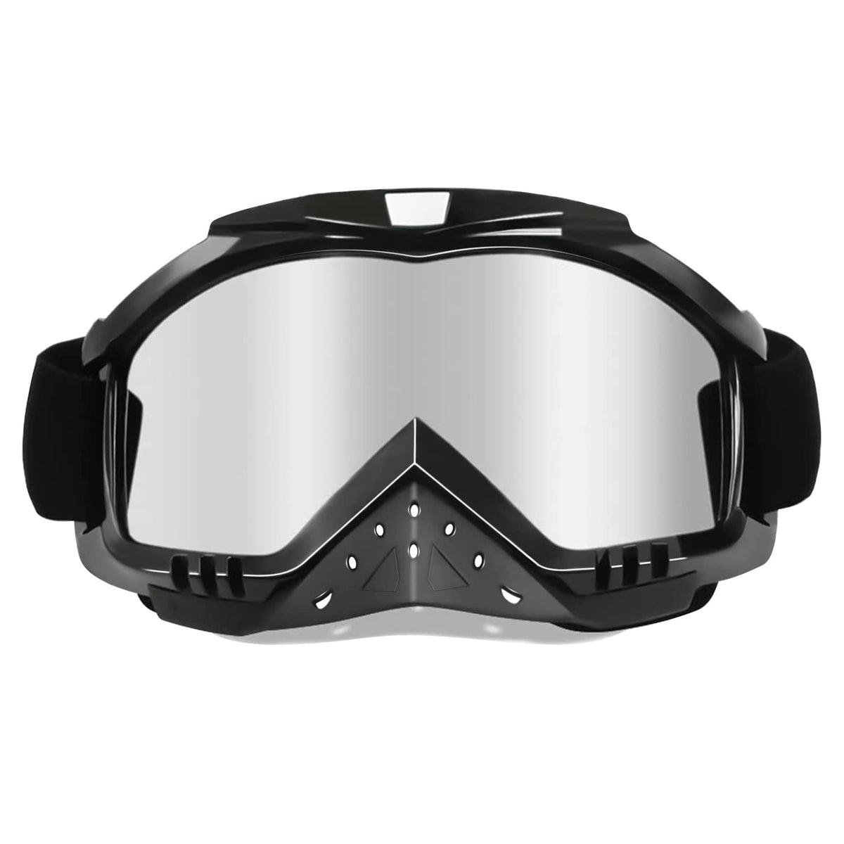 Dmeixs motorcycle goggles with silver lens close-up showing anti-fog design and durability