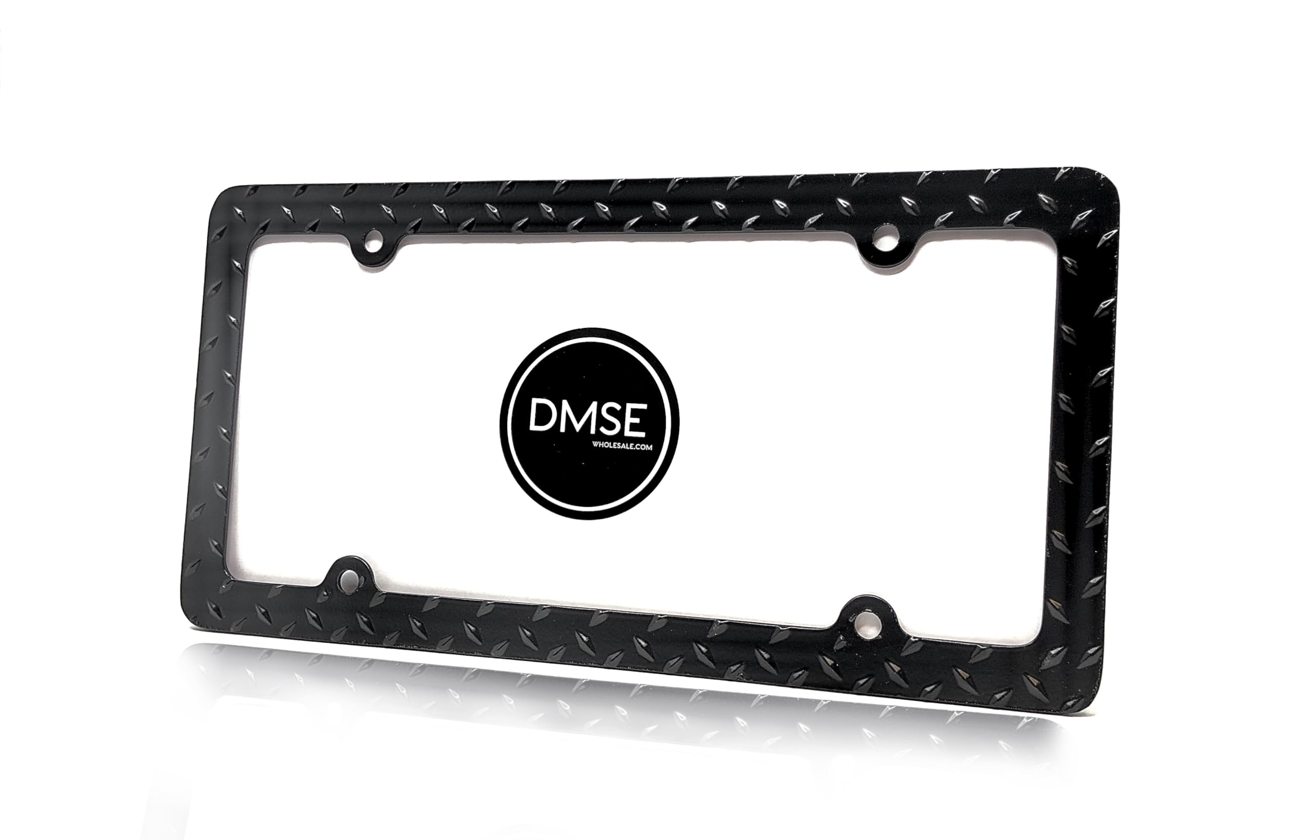 DMSE heavy-duty license frame with diamond plate finish for rugged look