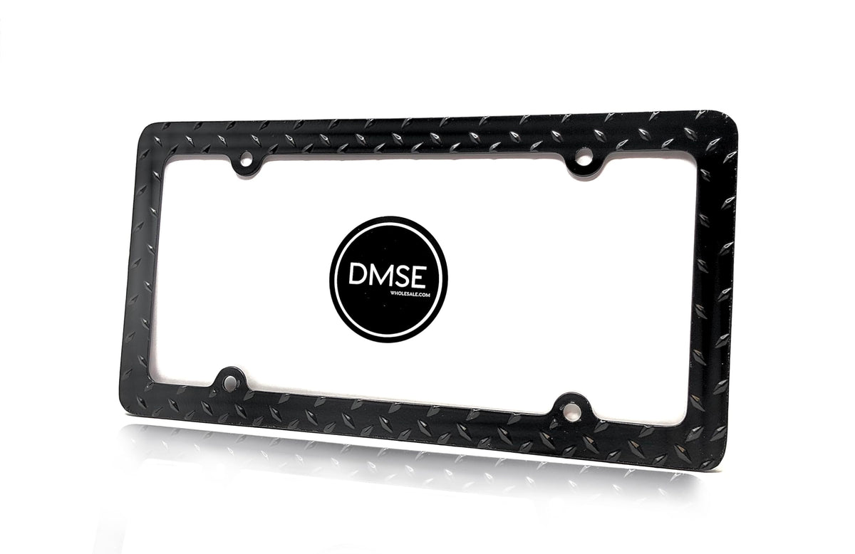 DMSE heavy-duty license frame with diamond plate finish for rugged look
