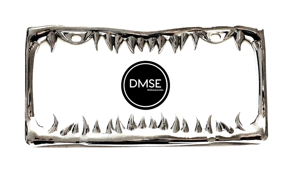 DMSE Universal Chrome Shark Tooth Jaws license plate frame adds bold styling to any vehicle.
