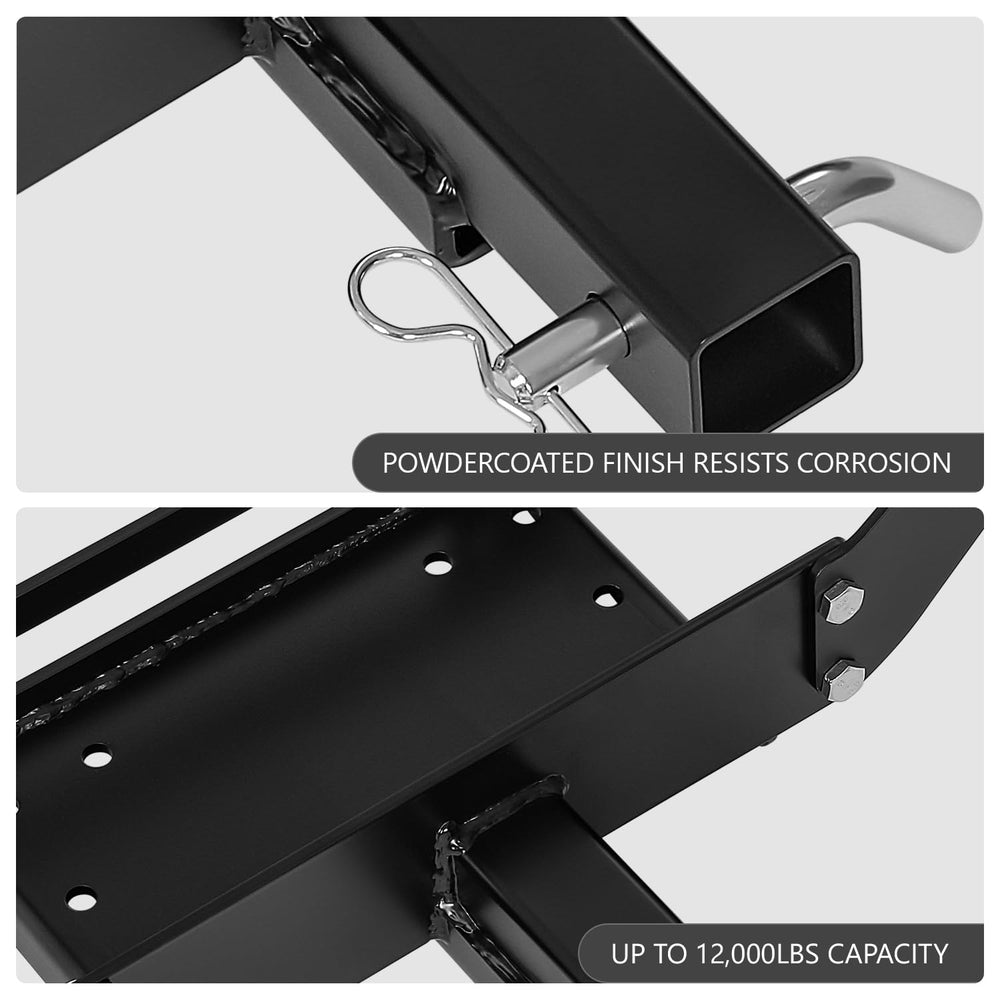 DNA Motoring cradle winch mount plate installed on a 2-inch hitch with pin included.