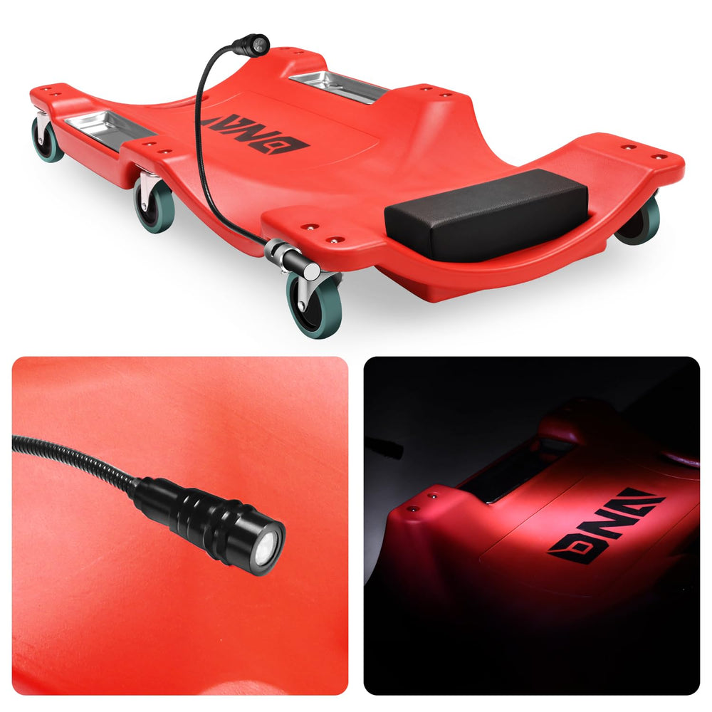 DNA Motoring creeper features six swivel casters for smooth movement.