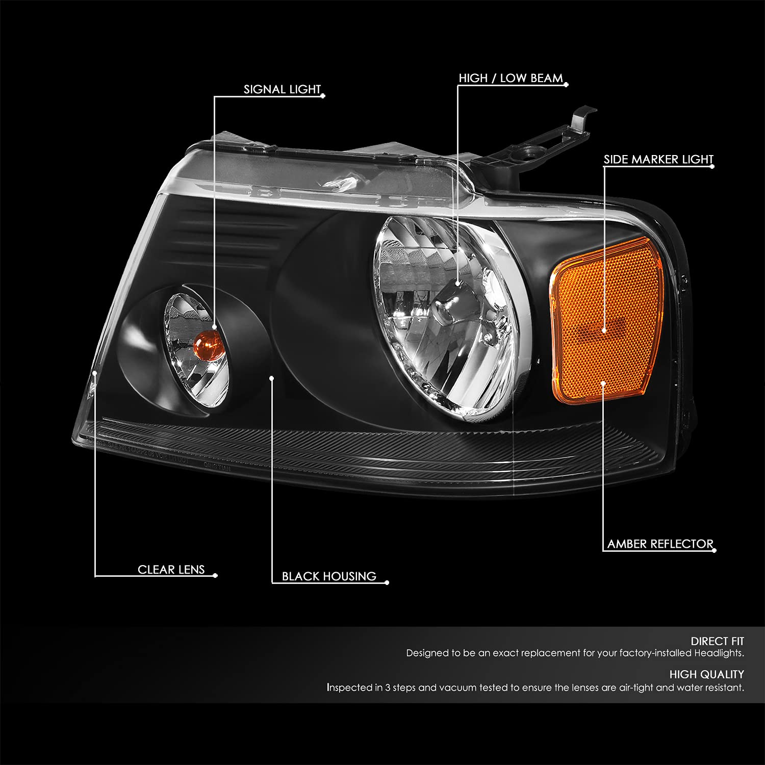 DNA Motoring headlights assembly F-150 driver-side close-up showing black housing