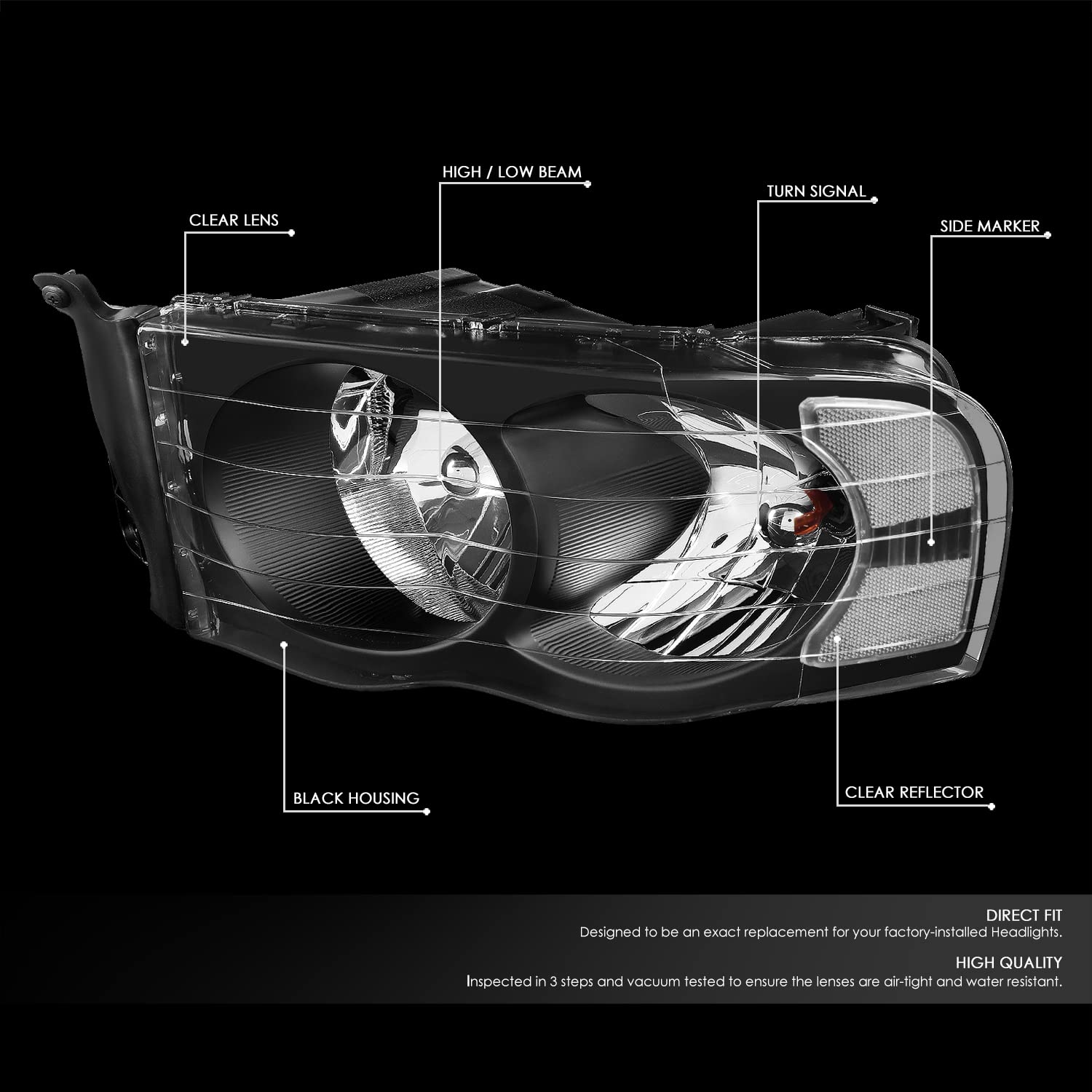 DNA MOTORING left headlight installed close-up reveals black housing and clear lens