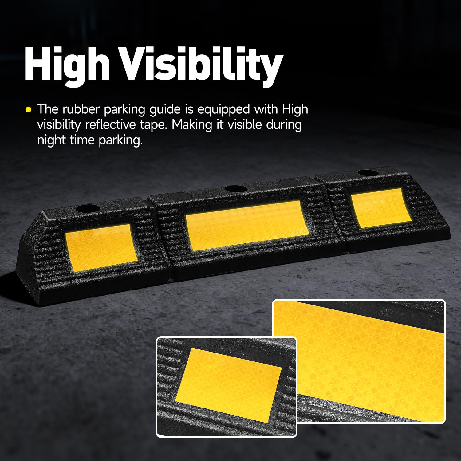 DNA Motoring parking stopper reflective strip improves visibility in low light.