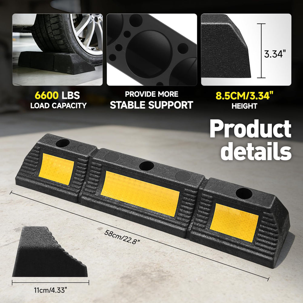 DNA Motoring parking stopper yellow tape detail enhances night visibility.