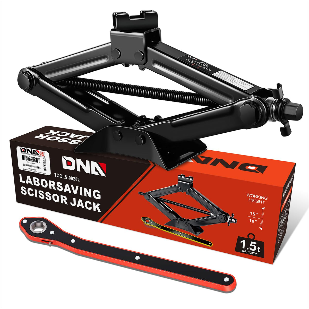 DNA Motoring scissor jack with 1.5 ton capacity and broad lift range for cars.
