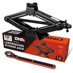 DNA Motoring scissor jack with 1.5 ton capacity and broad lift range for cars.