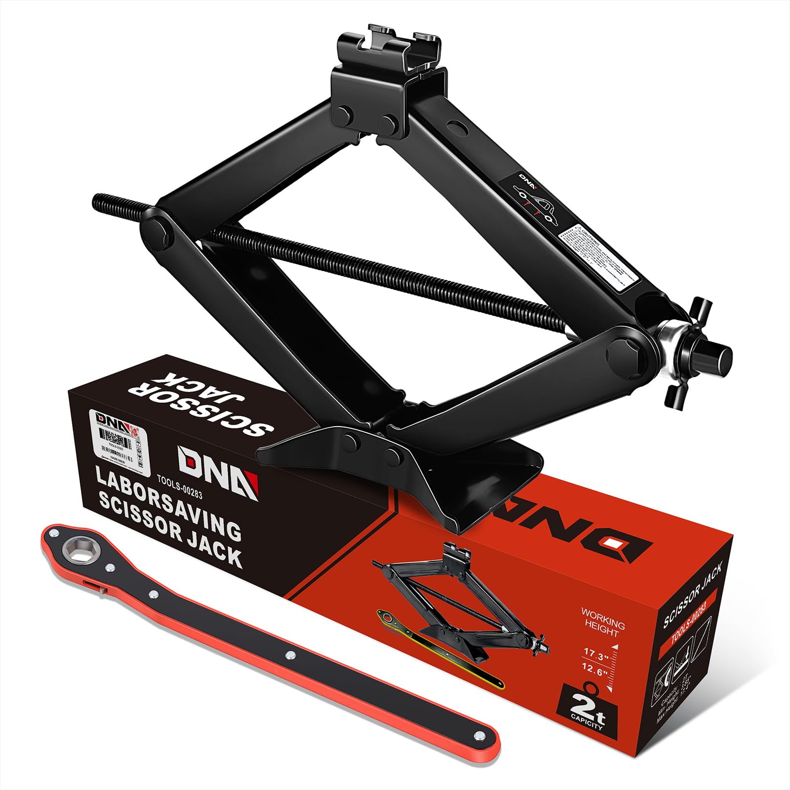 DNA Motoring 2-ton scissor jack lifting a sedan with stable base and steel shaft