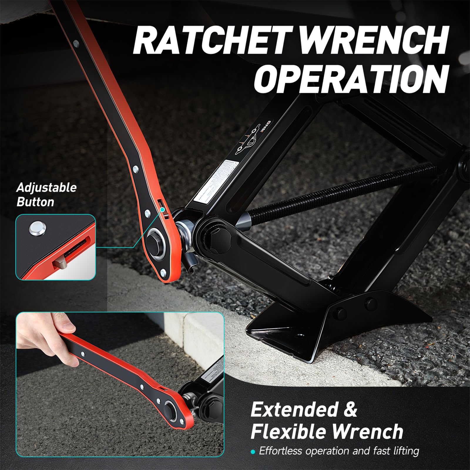 DNA Motoring scissor jack with 360-degree rotatable head for versatile positioning.