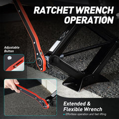 DNA Motoring scissor jack with 360-degree rotatable head for versatile positioning.
