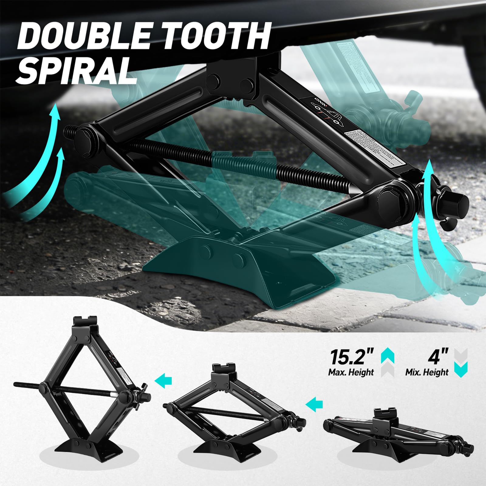 DNA Motoring scissor jack with labor-saving ratchet wrench for faster height adjustments.