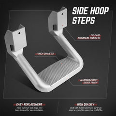 DNA MOTORING side hoop steps installed on a truck for quick cab access.